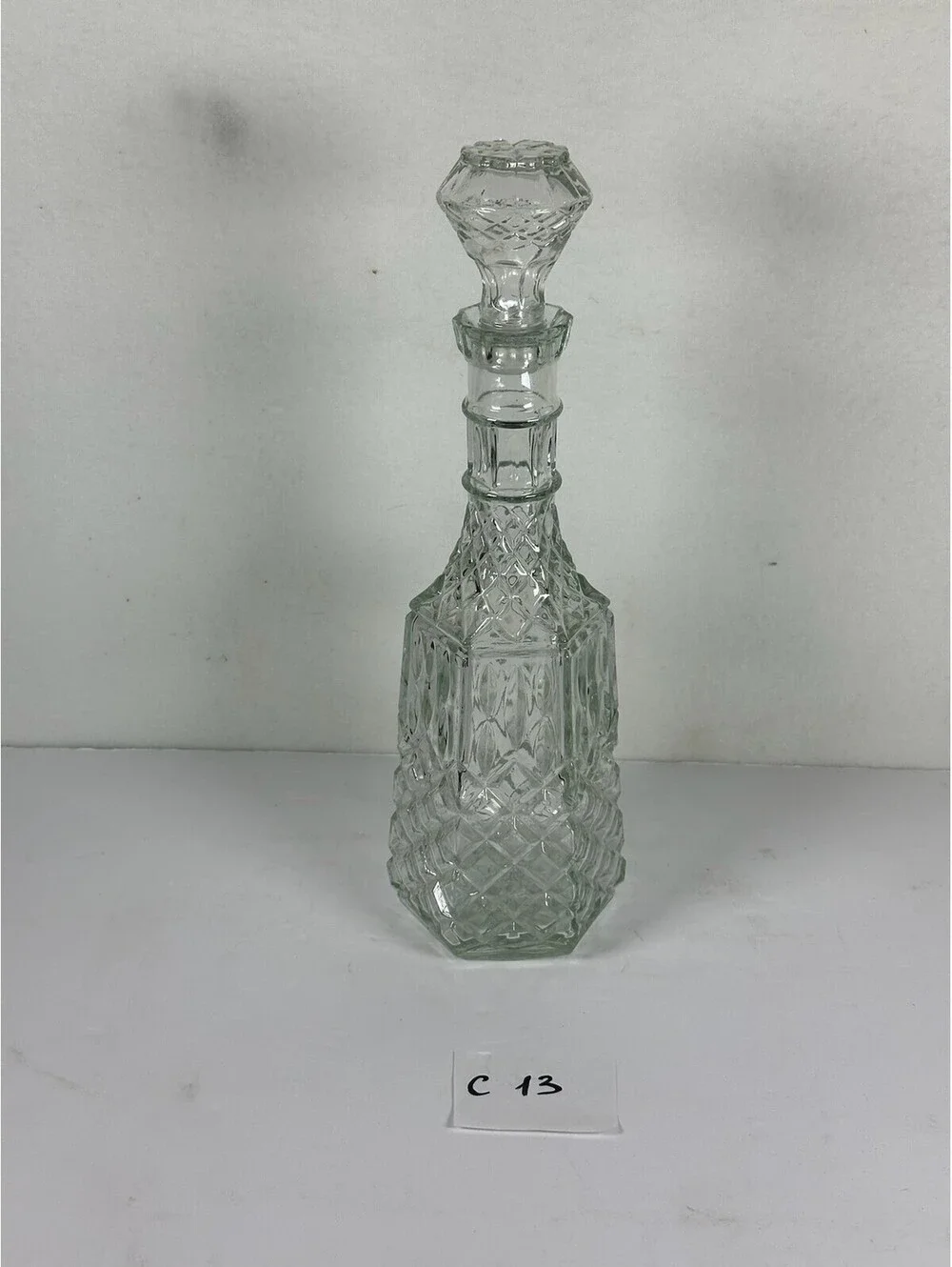Vintage Clear Glass Decanter Diamond Cut Pattern Barware C 13